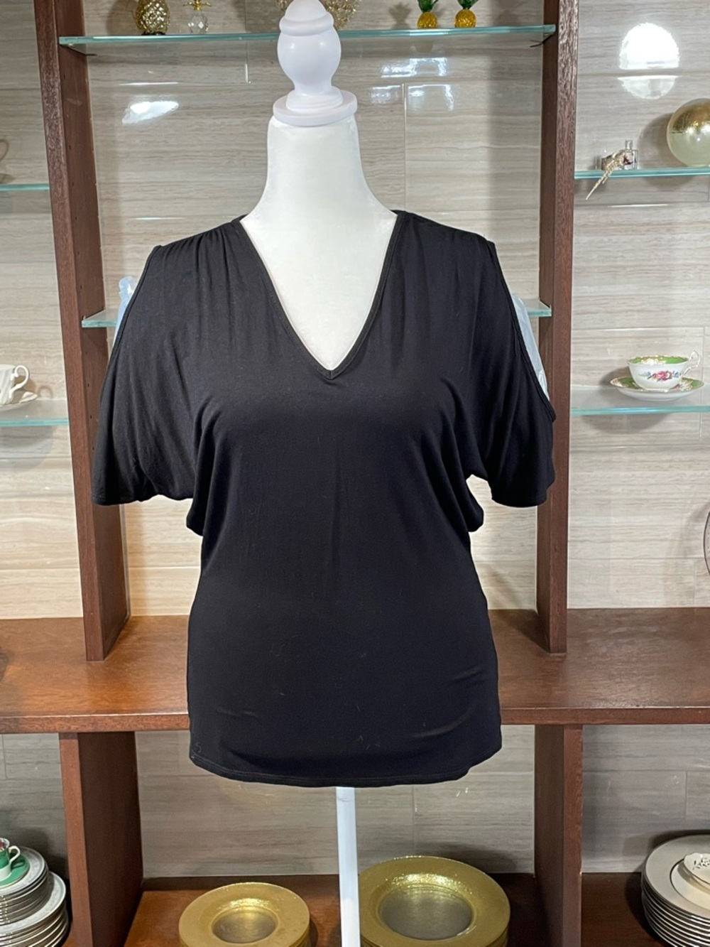 Cold-Shoulder V-Neck Short Sleeve Top in Black - 95% Rayon - Sz M